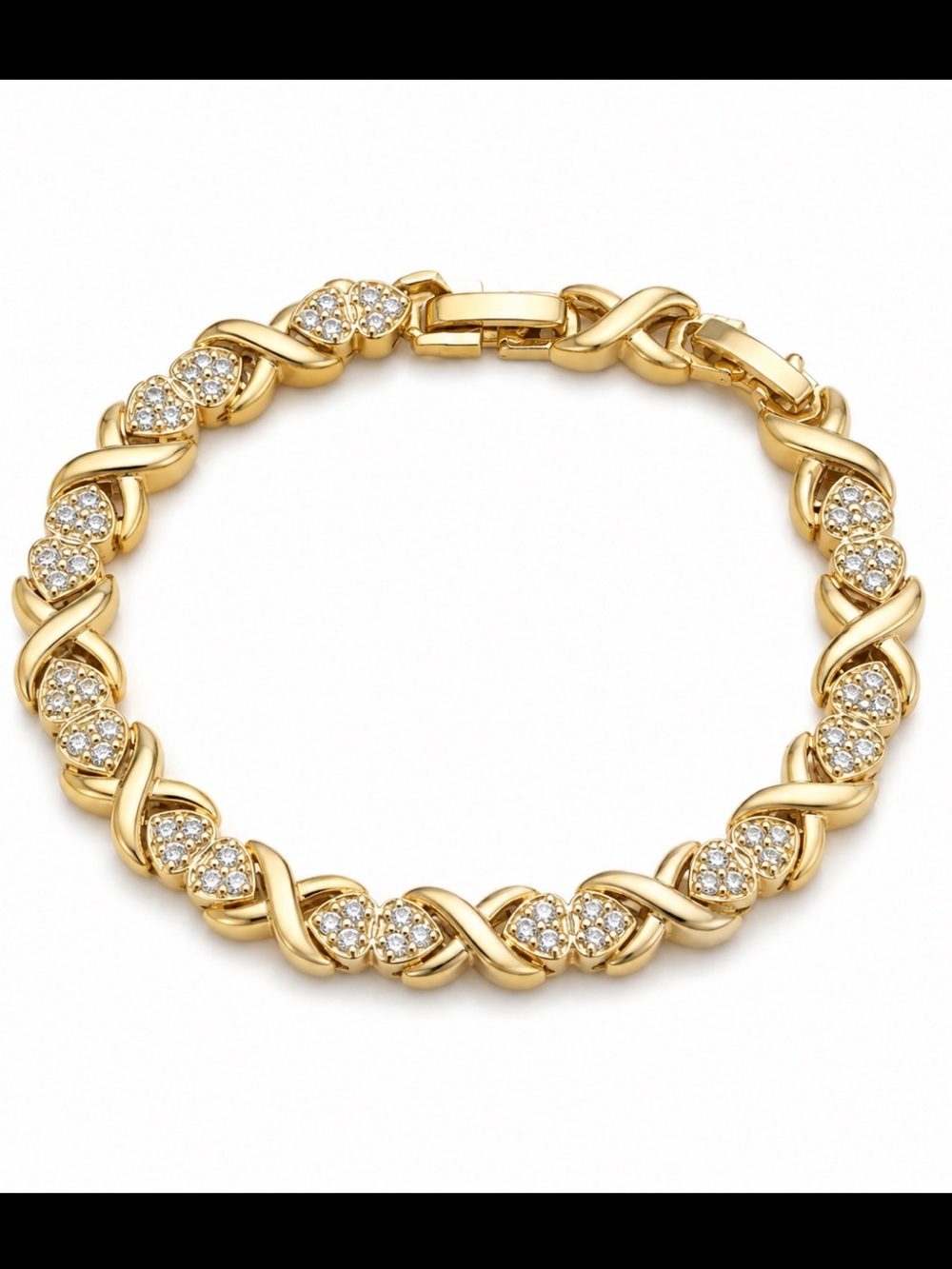 Adina Eden Gold Twist Link Bracelet in 14k Gold Plating with Pave Hearts NEW